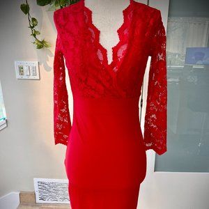 Sexy Goddess London Red Stretch Scalloped Lace Midi V-Neck Plunge Dress - XS